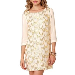 Anthropologie Skies are Blue Silk Lurex Metallic Cream Mini Dress Size L #702
